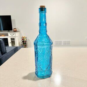 Vintage Blue Glass Bottle with Cork – Decorative Embossed Home Décor
